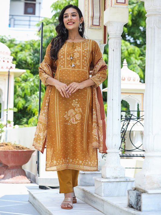 Mustard Festive Chanderi Print Kurta Set With Trouser And Dupatta