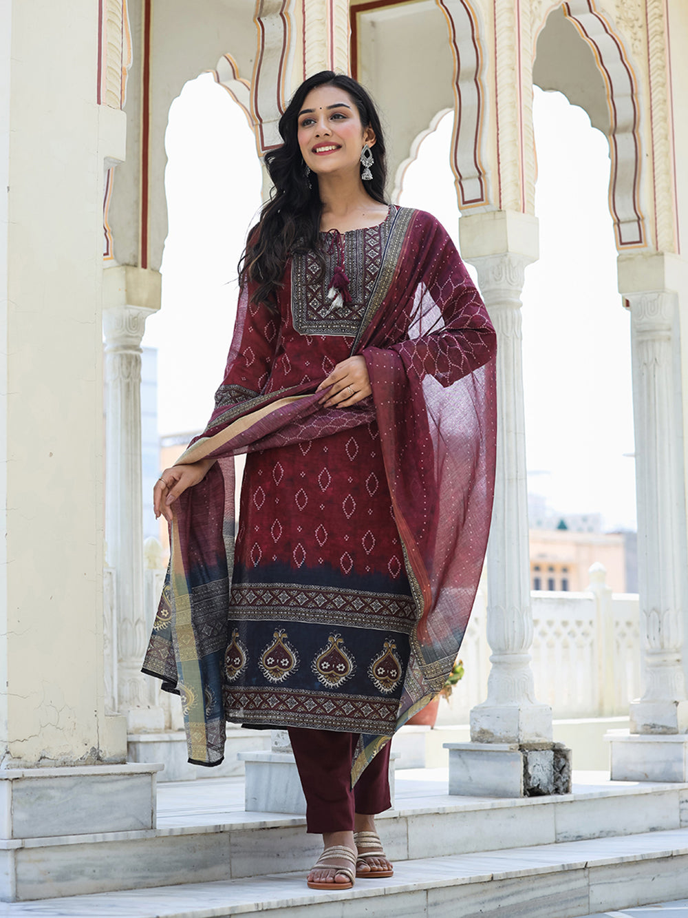 Maroon Festive Chanderi Kurta Set With Pant and Dupatta