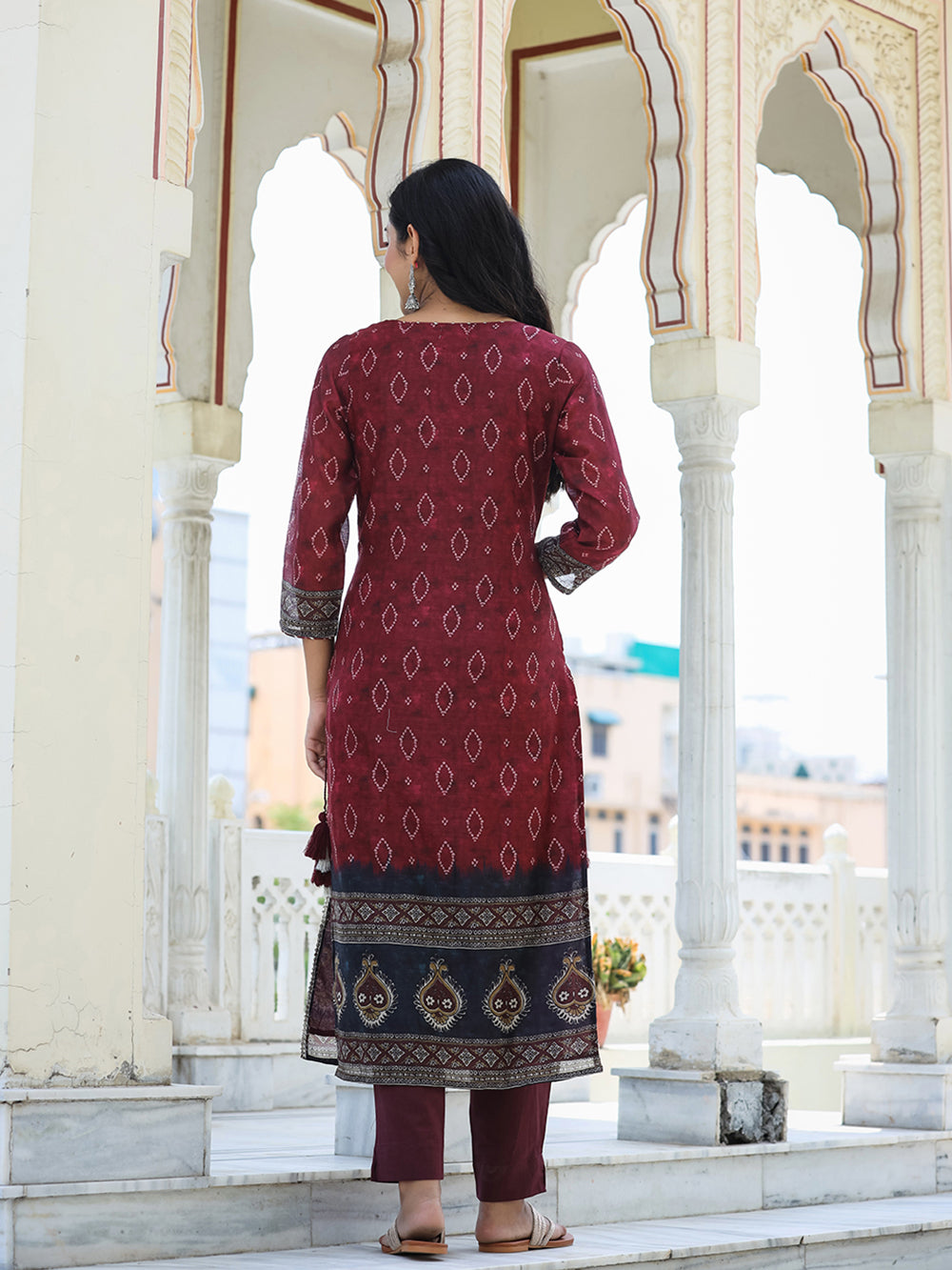 Maroon Festive Chanderi Kurta Set With Pant and Dupatta