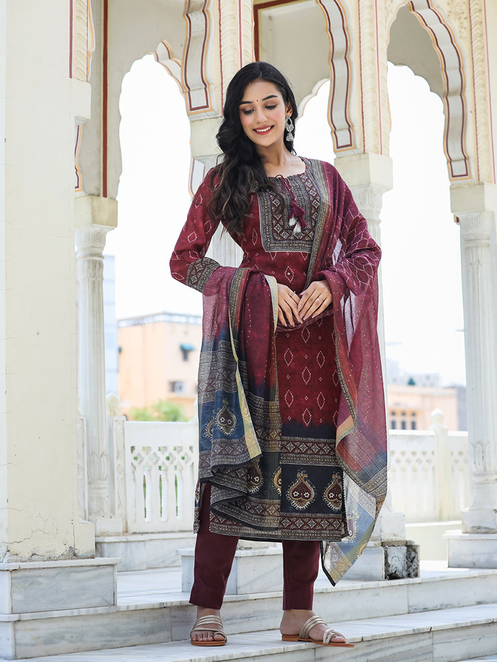 Maroon Festive Chanderi Kurta Set With Pant and Dupatta