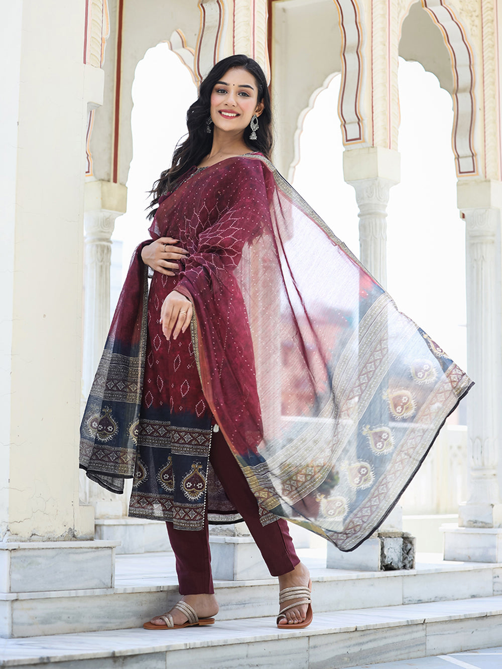 Maroon Festive Chanderi Kurta Set With Pant and Dupatta