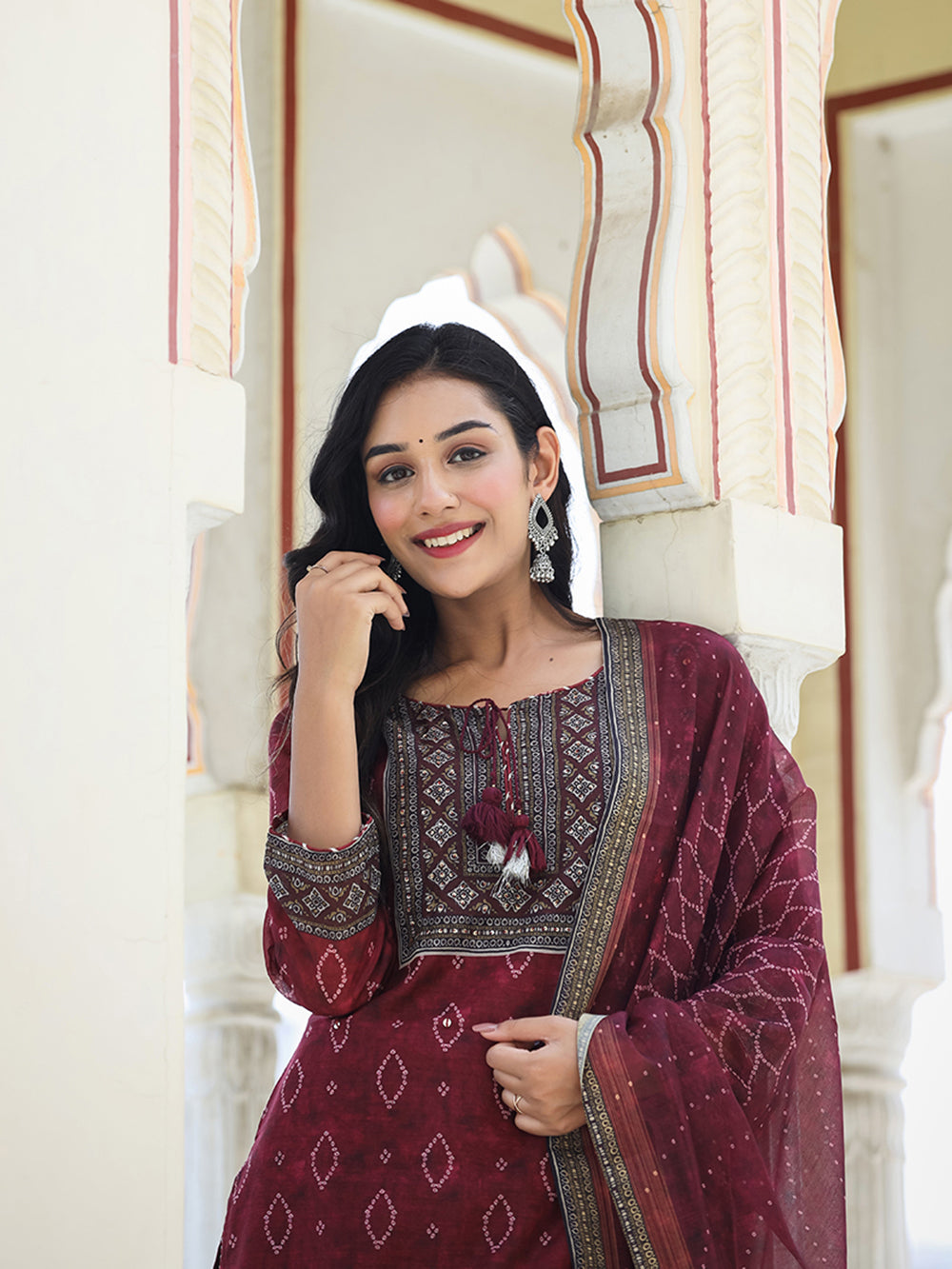 Maroon Festive Chanderi Kurta Set With Pant and Dupatta