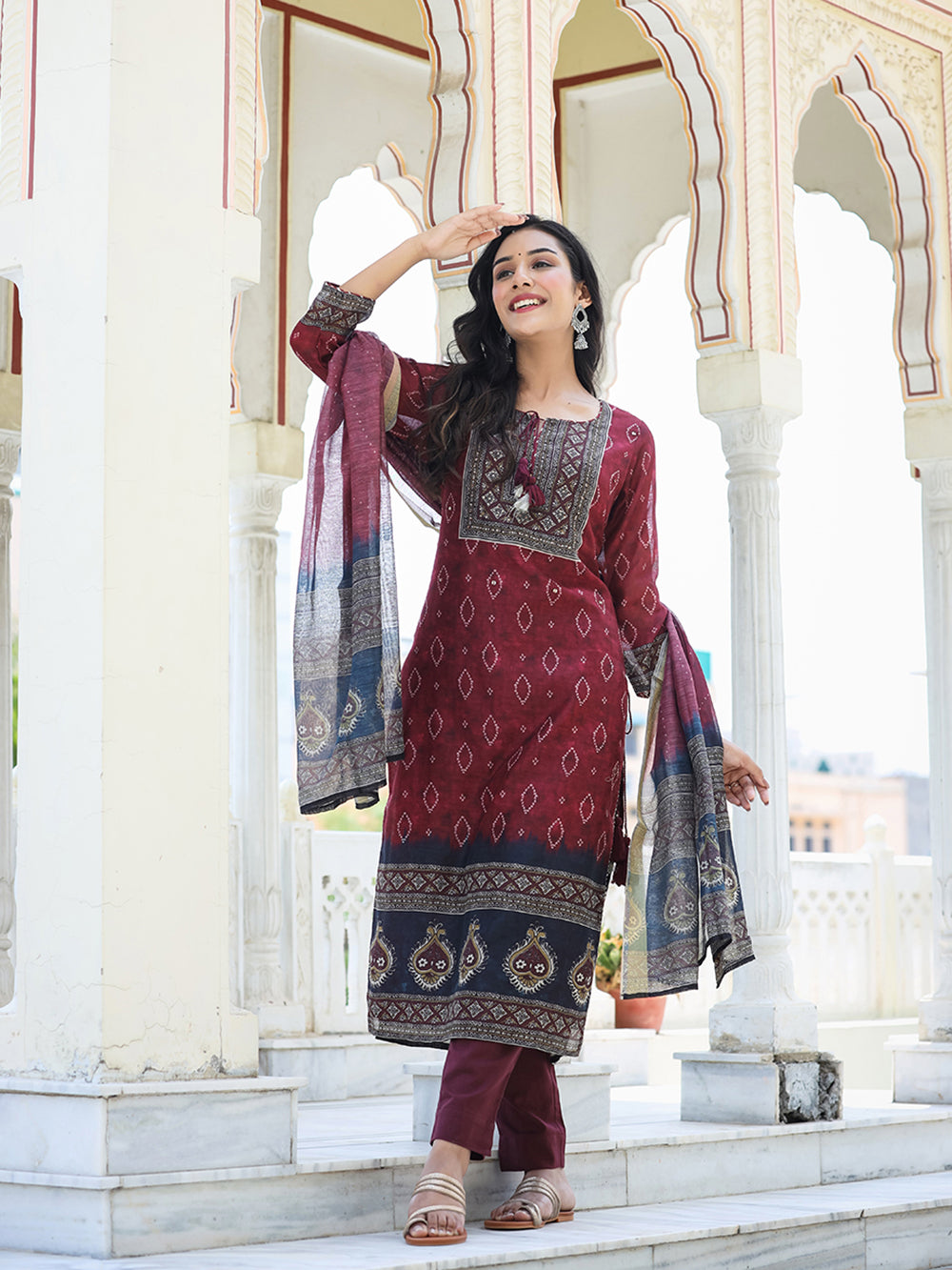 Maroon Festive Chanderi Kurta Set With Pant and Dupatta