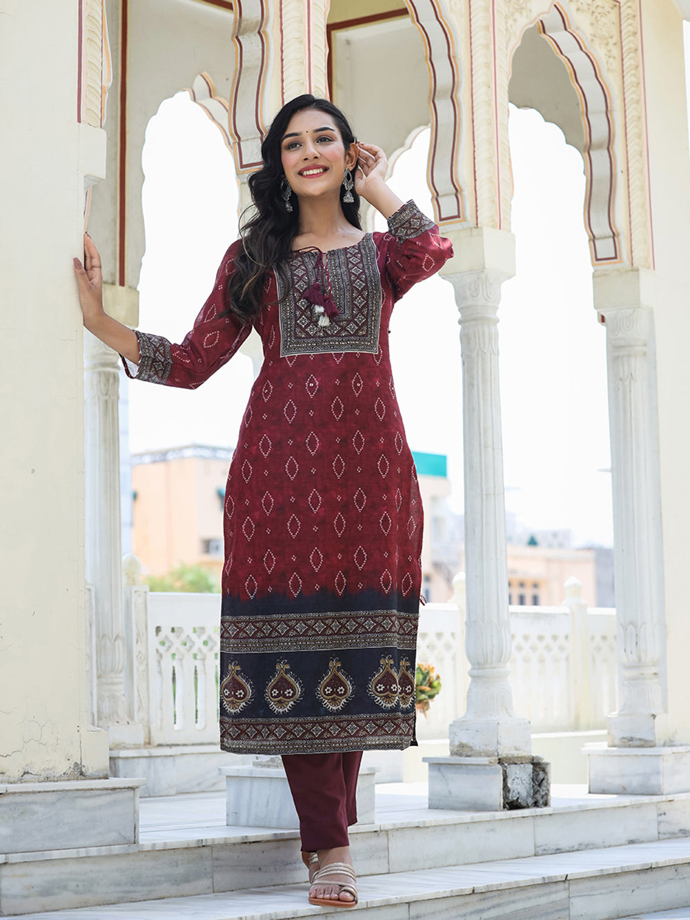 Maroon Festive Chanderi Kurta Set With Pant and Dupatta