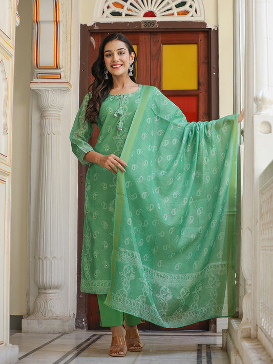 Green Printed Chanderi Kurta Set With Pant And Dupatta