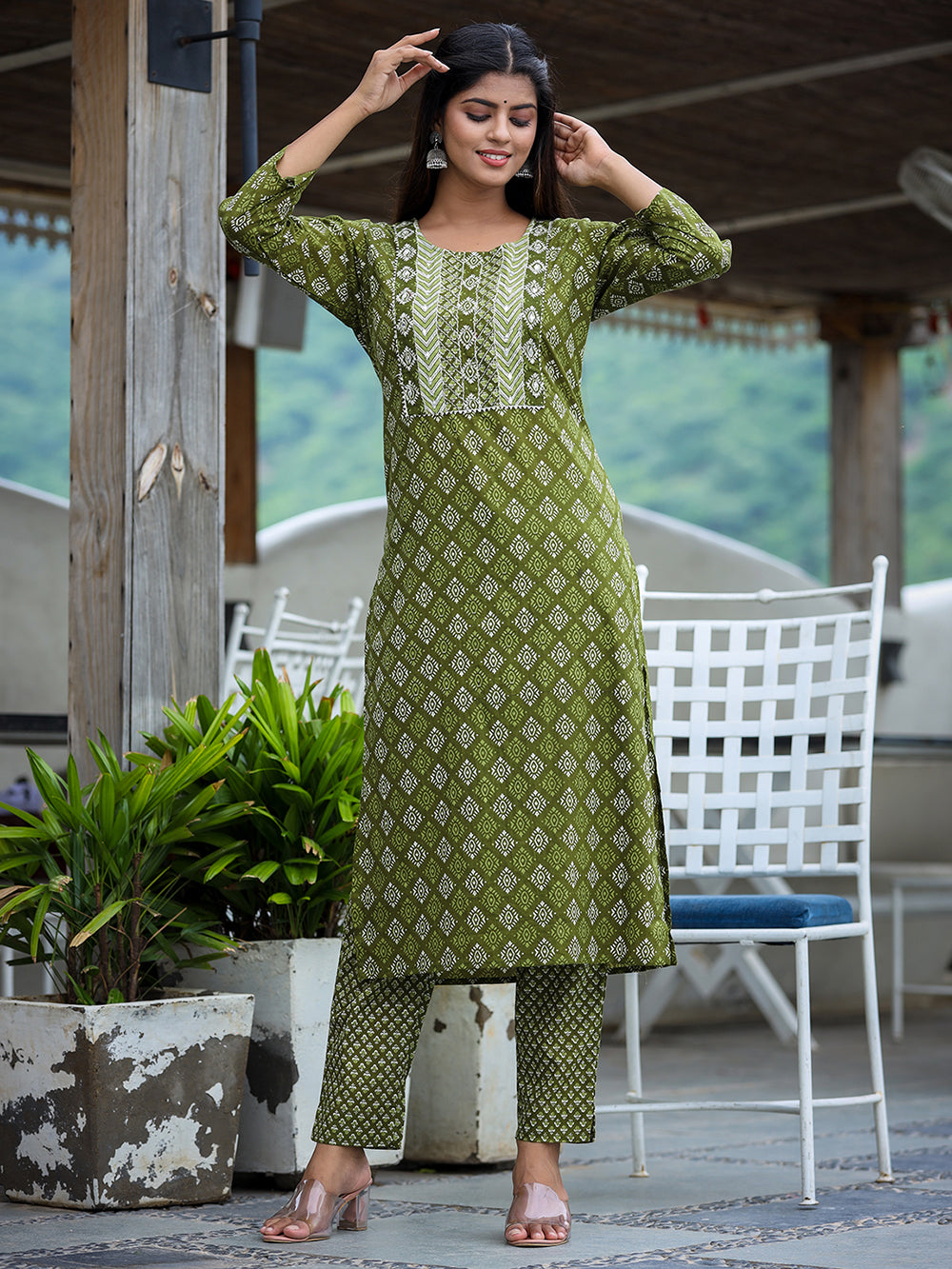 Green Printed Cotton Kurta Pant Set