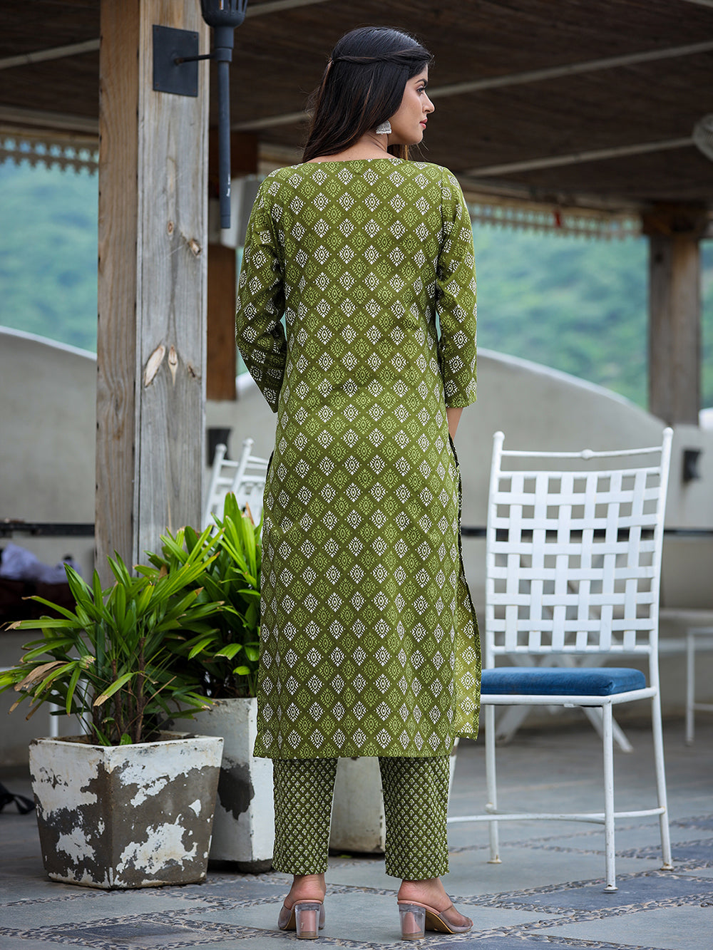 Green Printed Cotton Kurta Pant Set