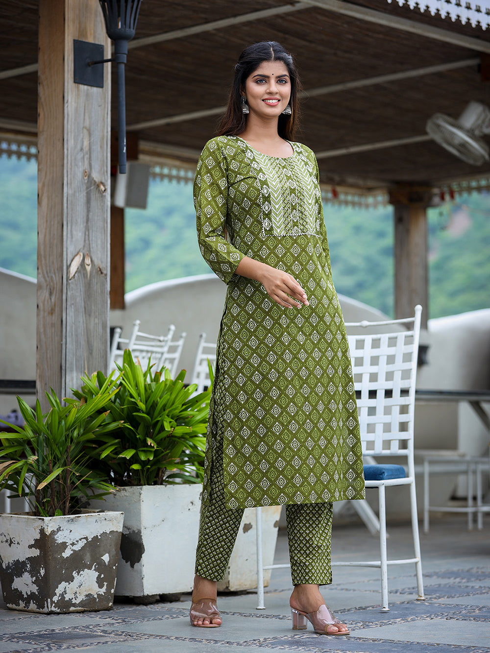 Green Printed Cotton Kurta Pant Set