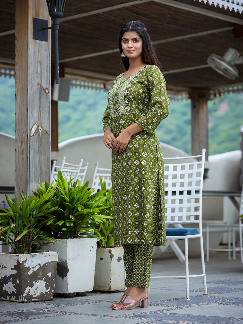 Green Printed Cotton Kurta Pant Set