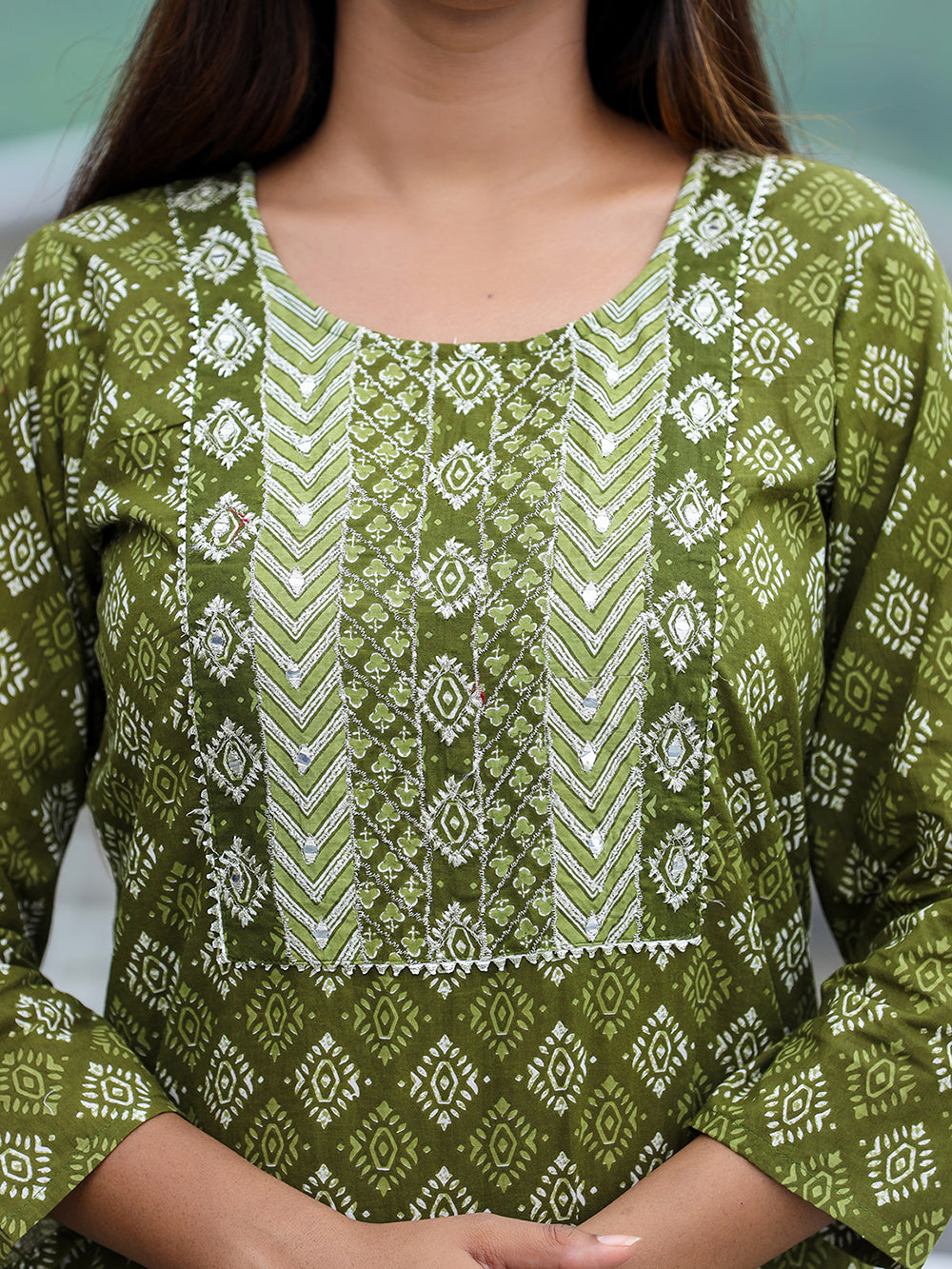 Green Printed Cotton Kurta Pant Set