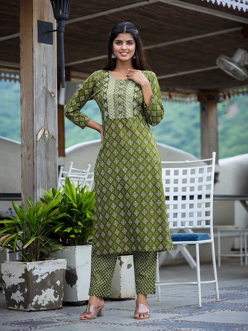 Green Printed Cotton Kurta Pant Set