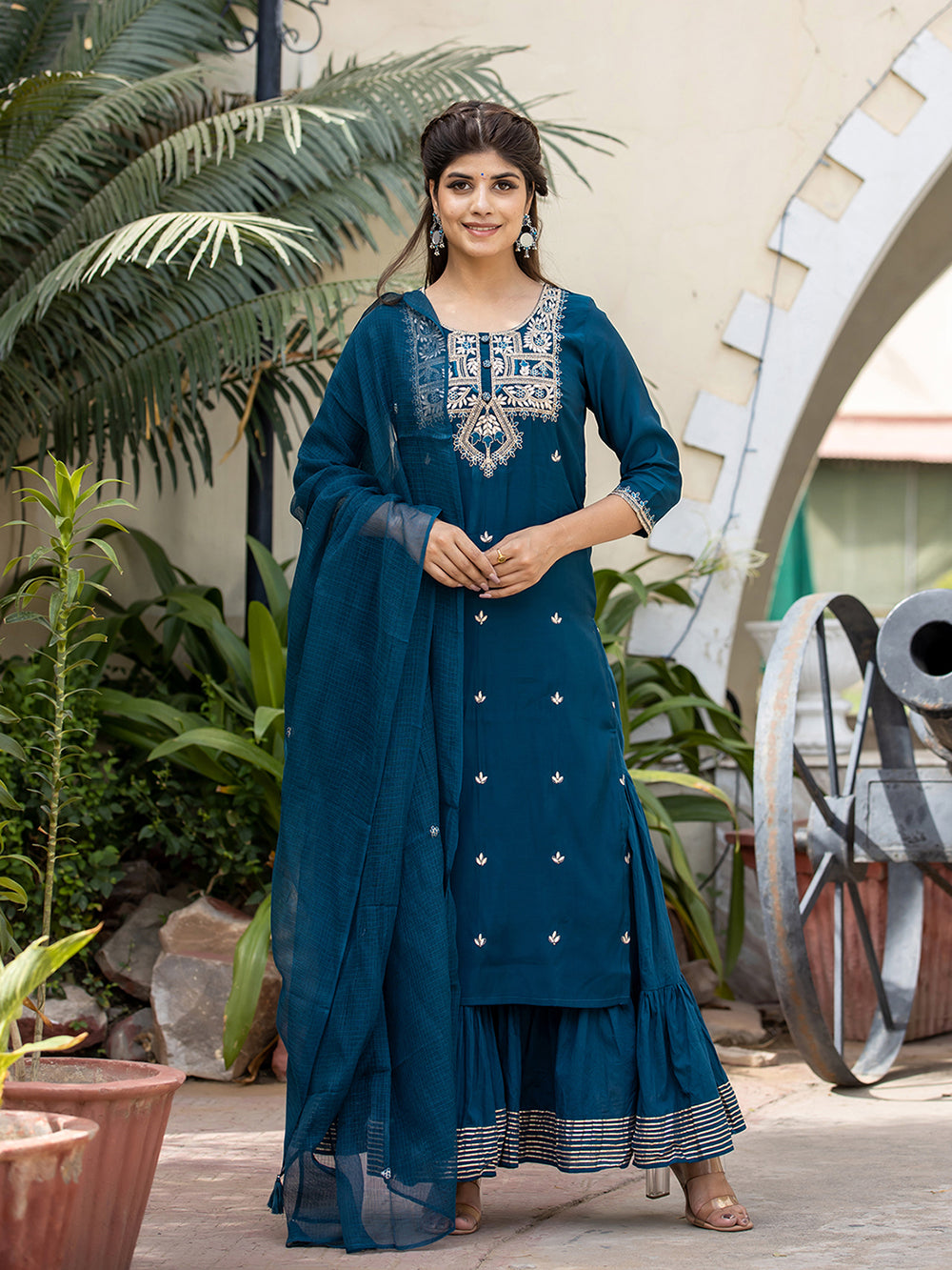 Blue Modal Silk Embroidered Kurta Sharara Set With Dupatta