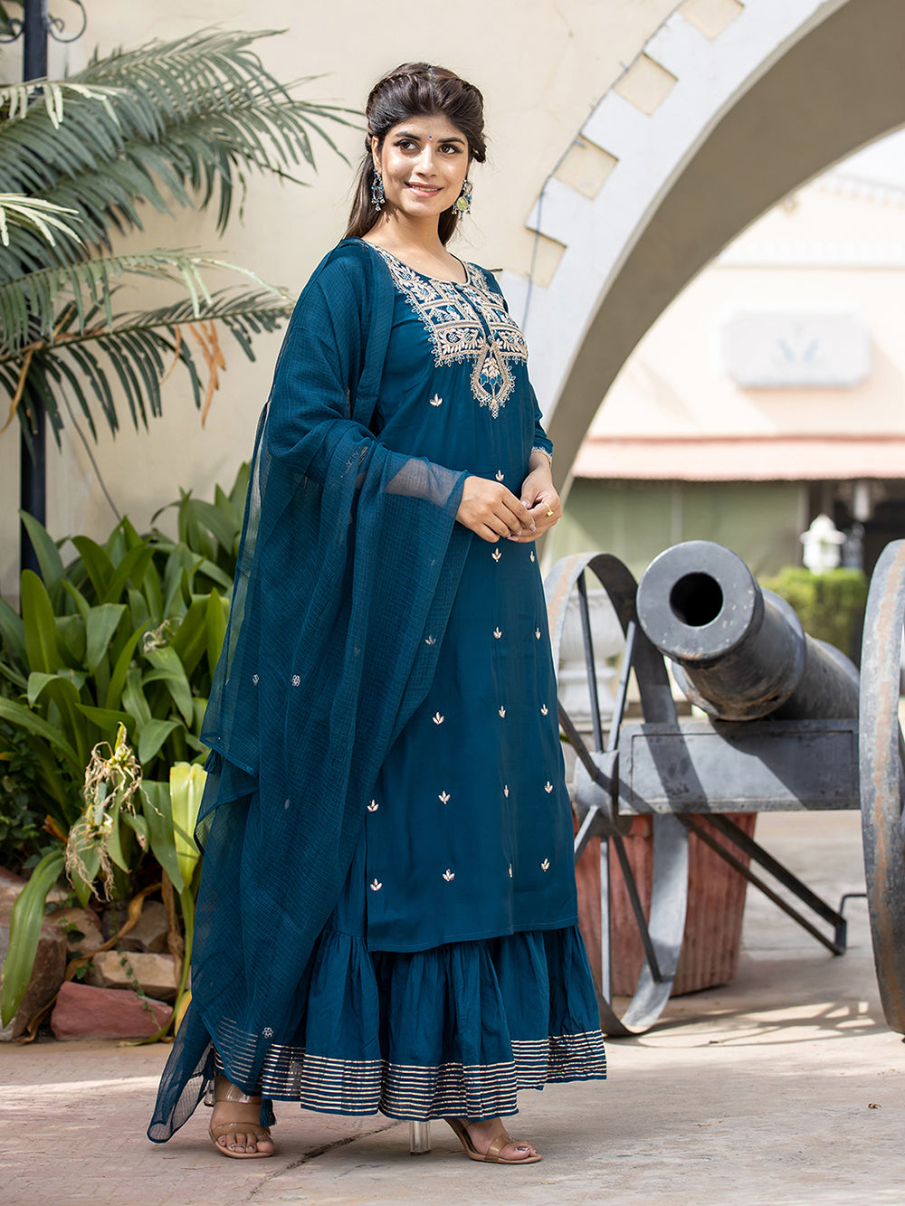 Blue Modal Silk Embroidered Kurta Sharara Set With Dupatta