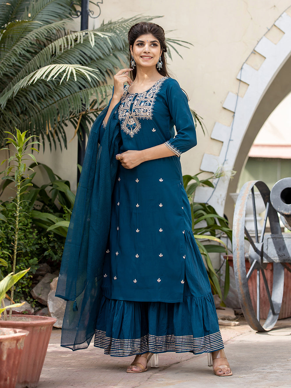 Blue Modal Silk Embroidered Kurta Sharara Set With Dupatta