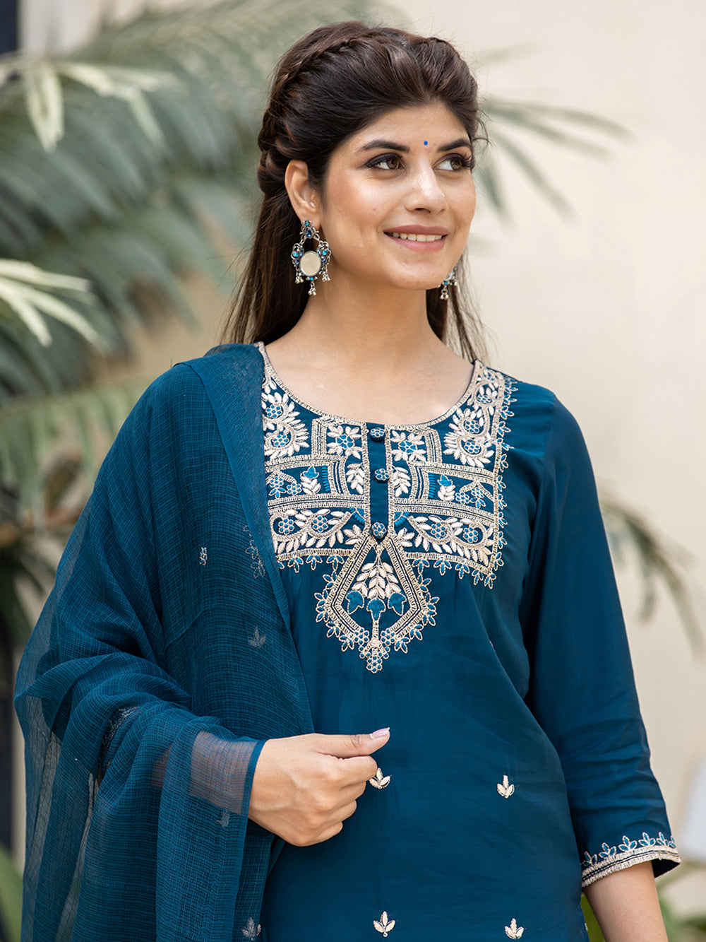 Blue Modal Silk Embroidered Kurta Sharara Set With Dupatta