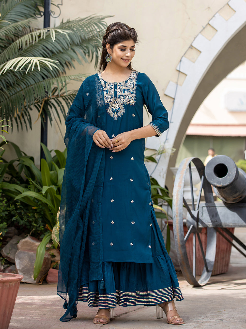 Blue Modal Silk Embroidered Kurta Sharara Set With Dupatta