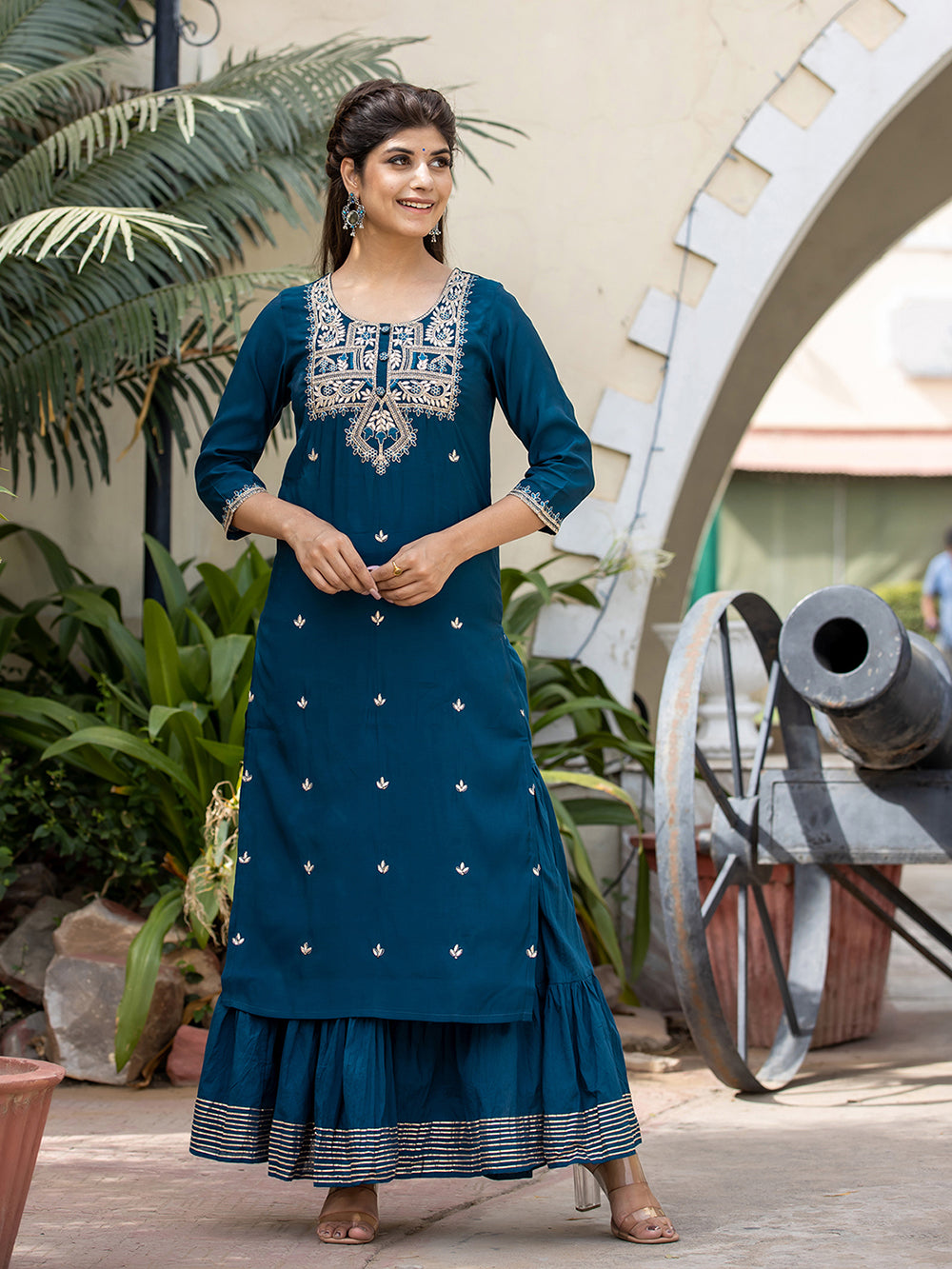 Blue Modal Silk Embroidered Kurta Sharara Set With Dupatta