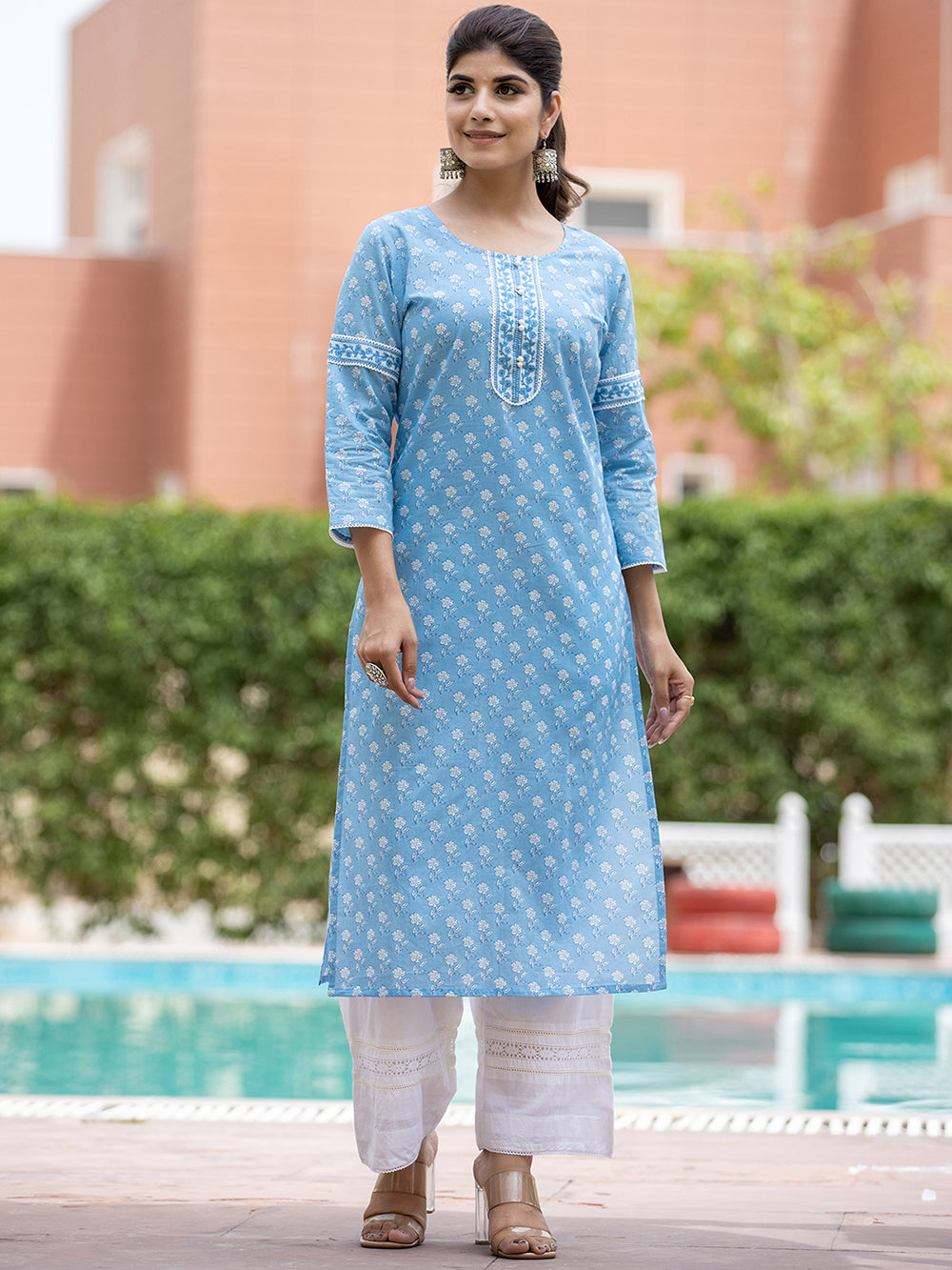 Sky Blue Floral Printed Cotton Casual Kurta