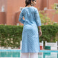 Sky Blue Floral Printed Cotton Casual Kurta