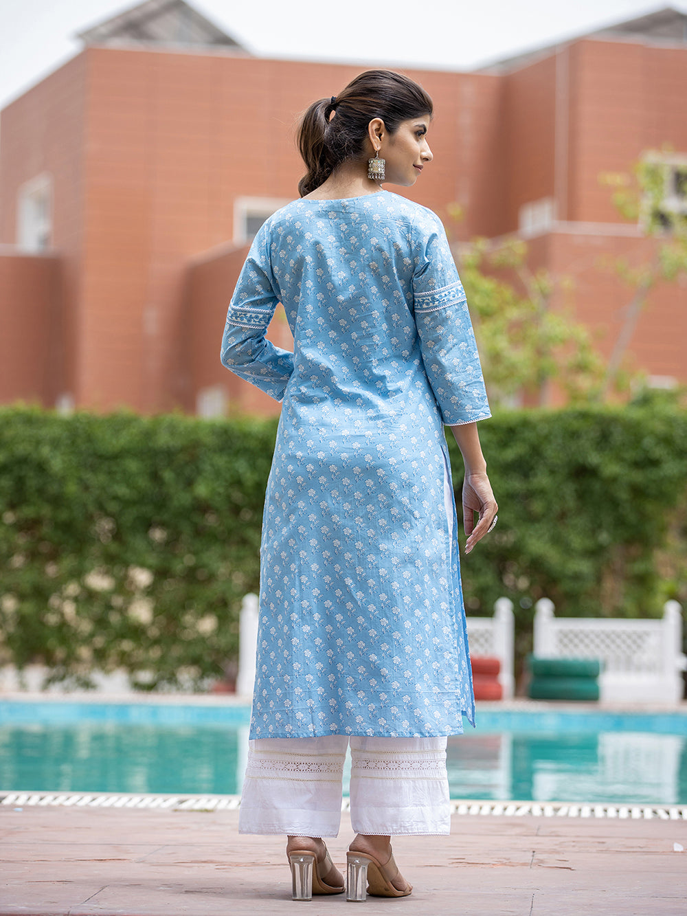 Sky Blue Floral Printed Cotton Casual Kurta