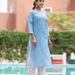 Sky Blue Floral Printed Cotton Casual Kurta