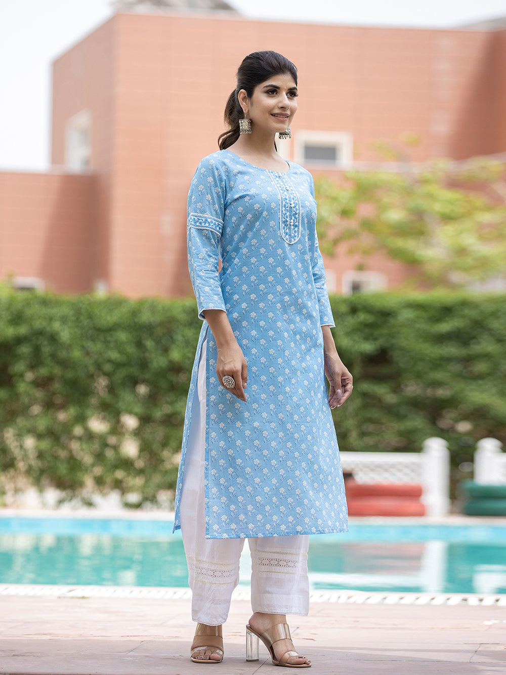 Sky Blue Floral Printed Cotton Casual Kurta