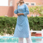 Sky Blue Floral Printed Cotton Casual Kurta