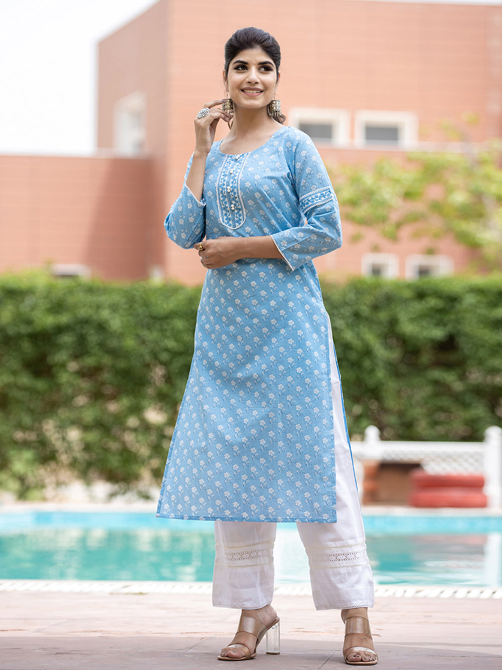 Sky Blue Floral Printed Cotton Casual Kurta