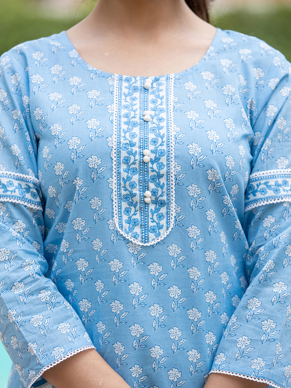 Sky Blue Floral Printed Cotton Casual Kurta