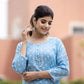 Sky Blue Floral Printed Cotton Casual Kurta