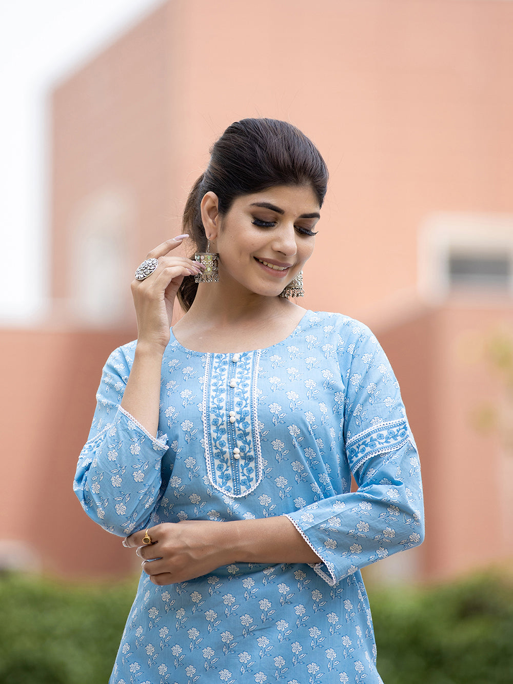 Sky Blue Floral Printed Cotton Casual Kurta