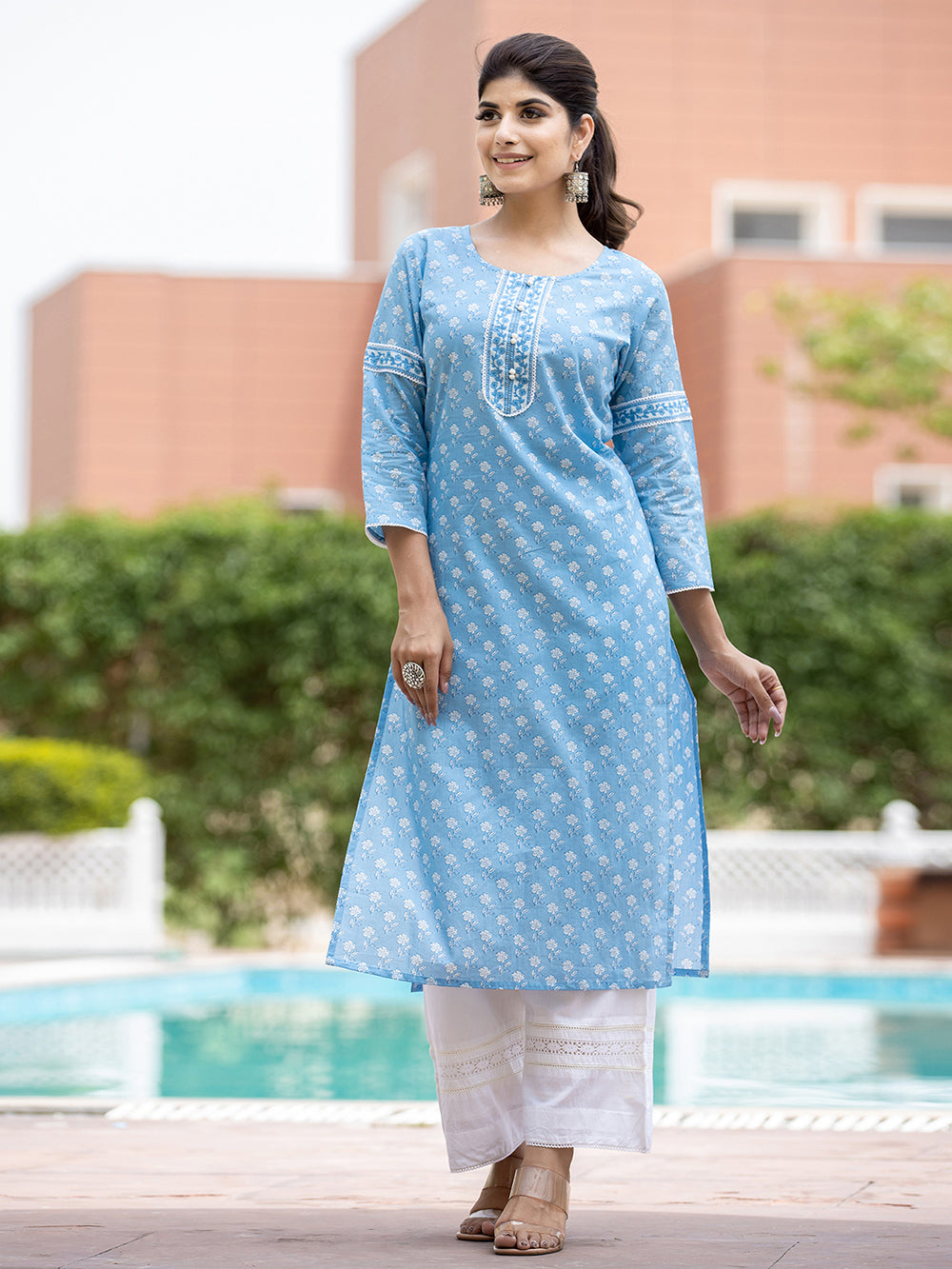 Sky Blue Floral Printed Cotton Casual Kurta