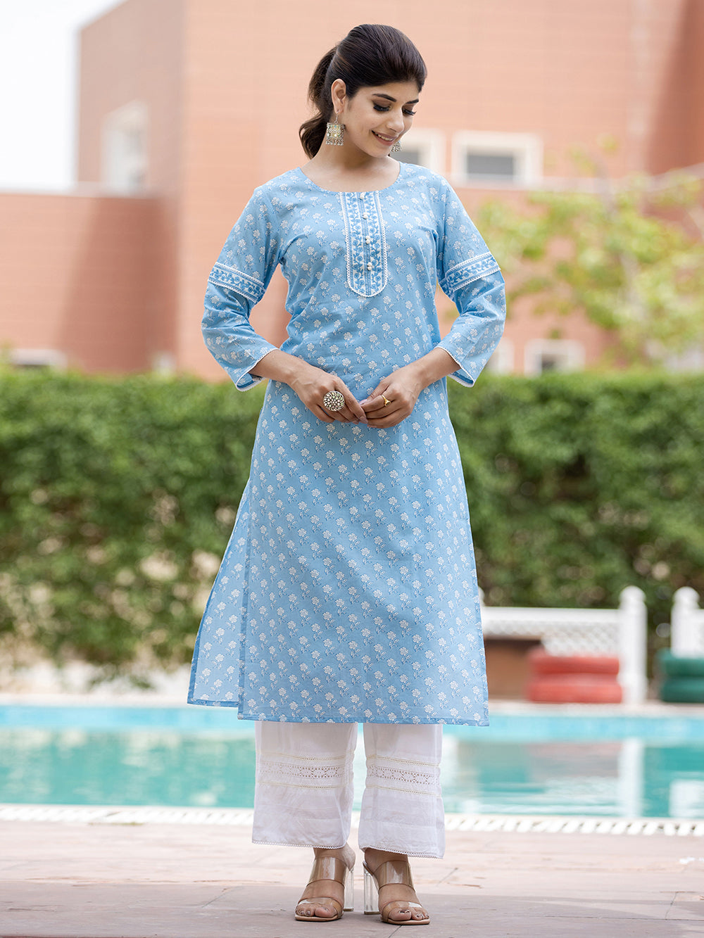 Sky Blue Floral Printed Cotton Casual Kurta