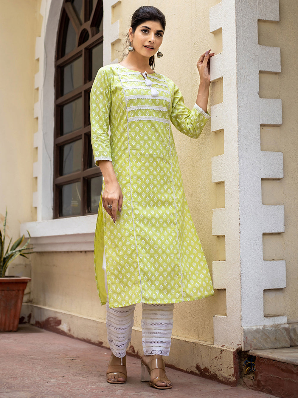 Green Pastel Printed Cotton Casual Kurta