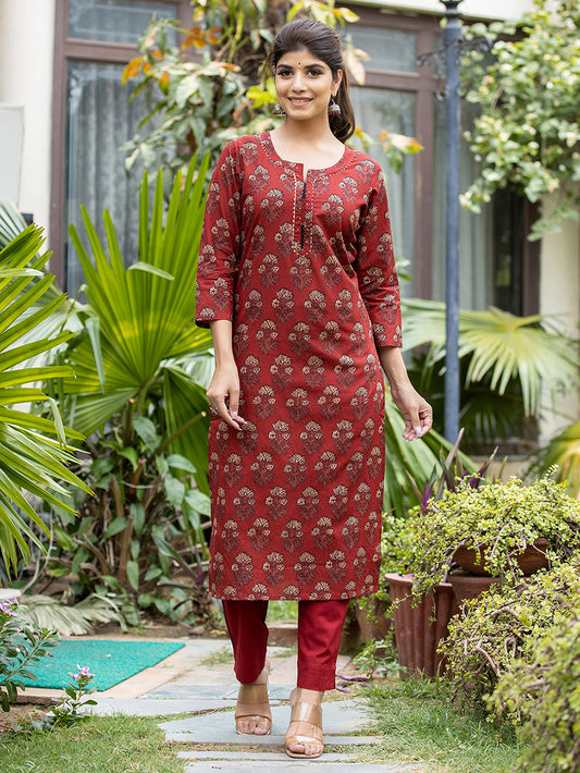 Maroon Floral Printed Cotton Kurta with Pant Set of 2