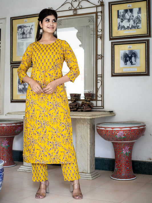 Yellow Floral Print Kurta Pant Set