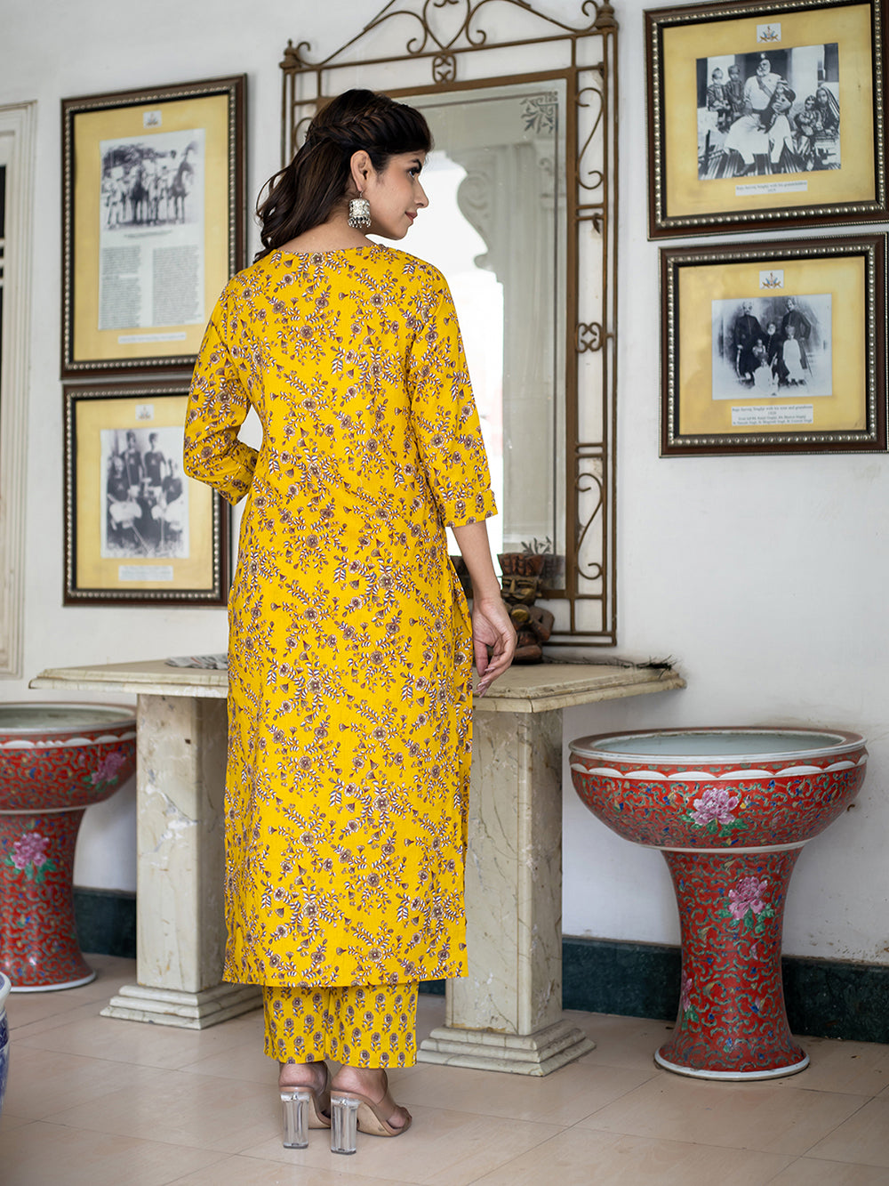 Yellow Floral Print Kurta Pant Set