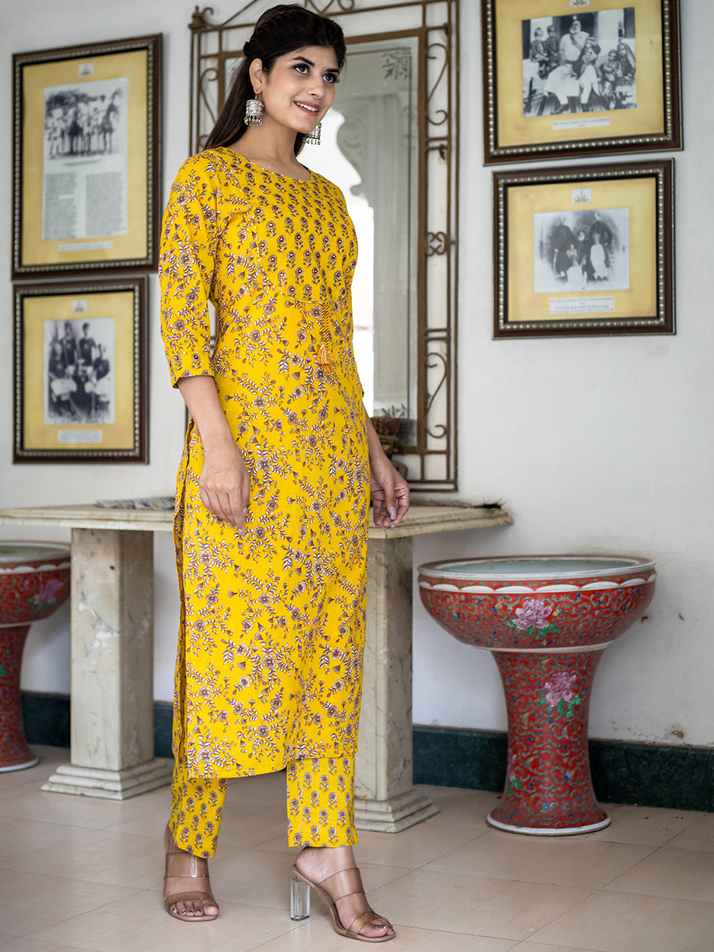 Yellow Floral Print Kurta Pant Set