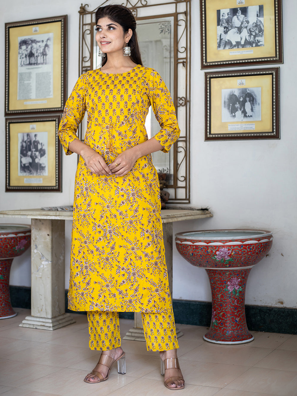 Yellow Floral Print Kurta Pant Set