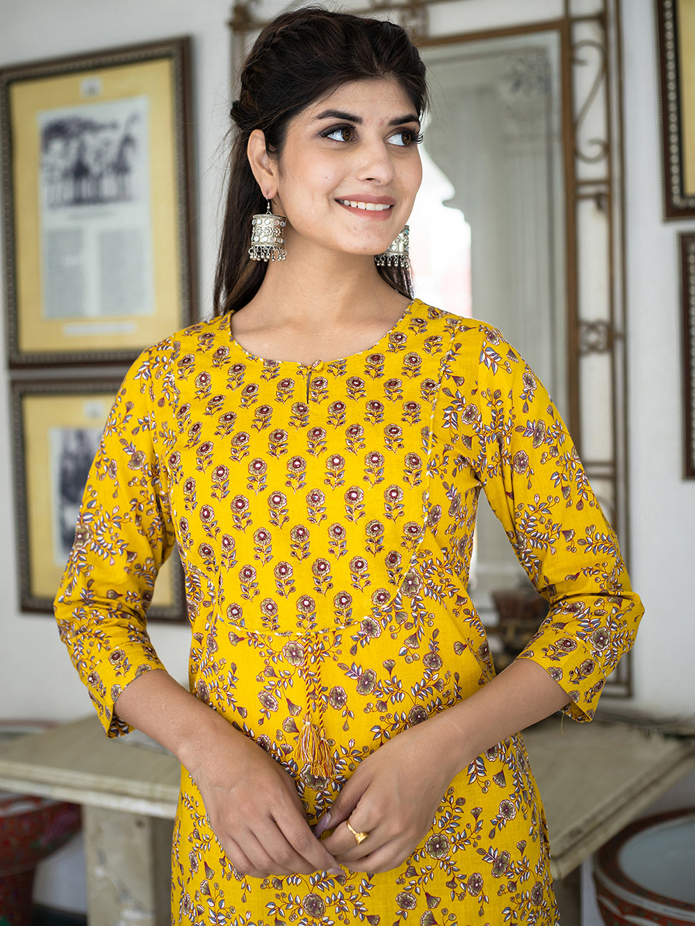 Yellow Floral Print Kurta Pant Set