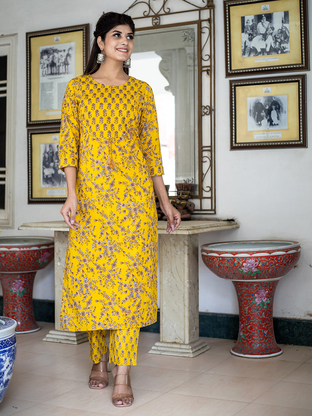 Yellow Floral Print Kurta Pant Set