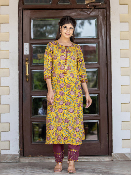 Yellow Purple Cotton Kurta Pant Set