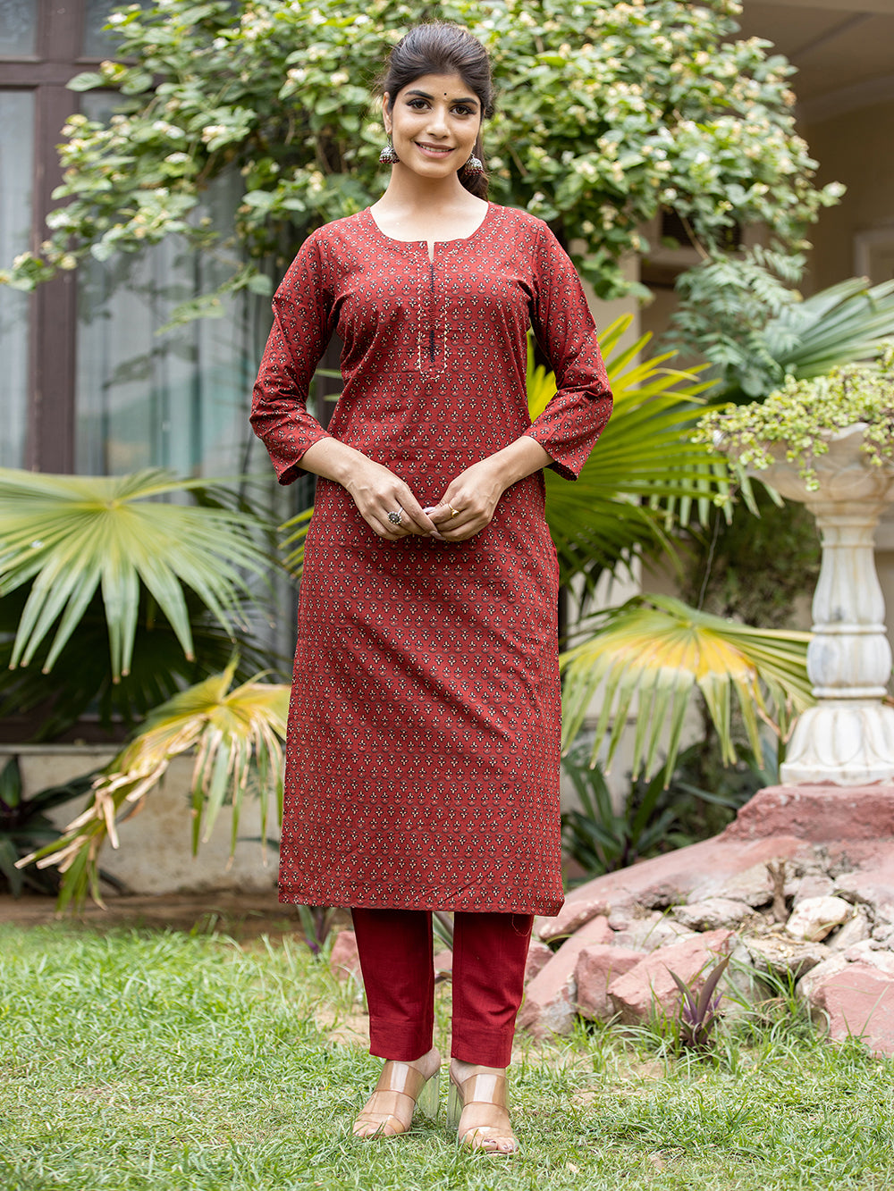 Maroon Block Printed Cotton Kurta Pant Set