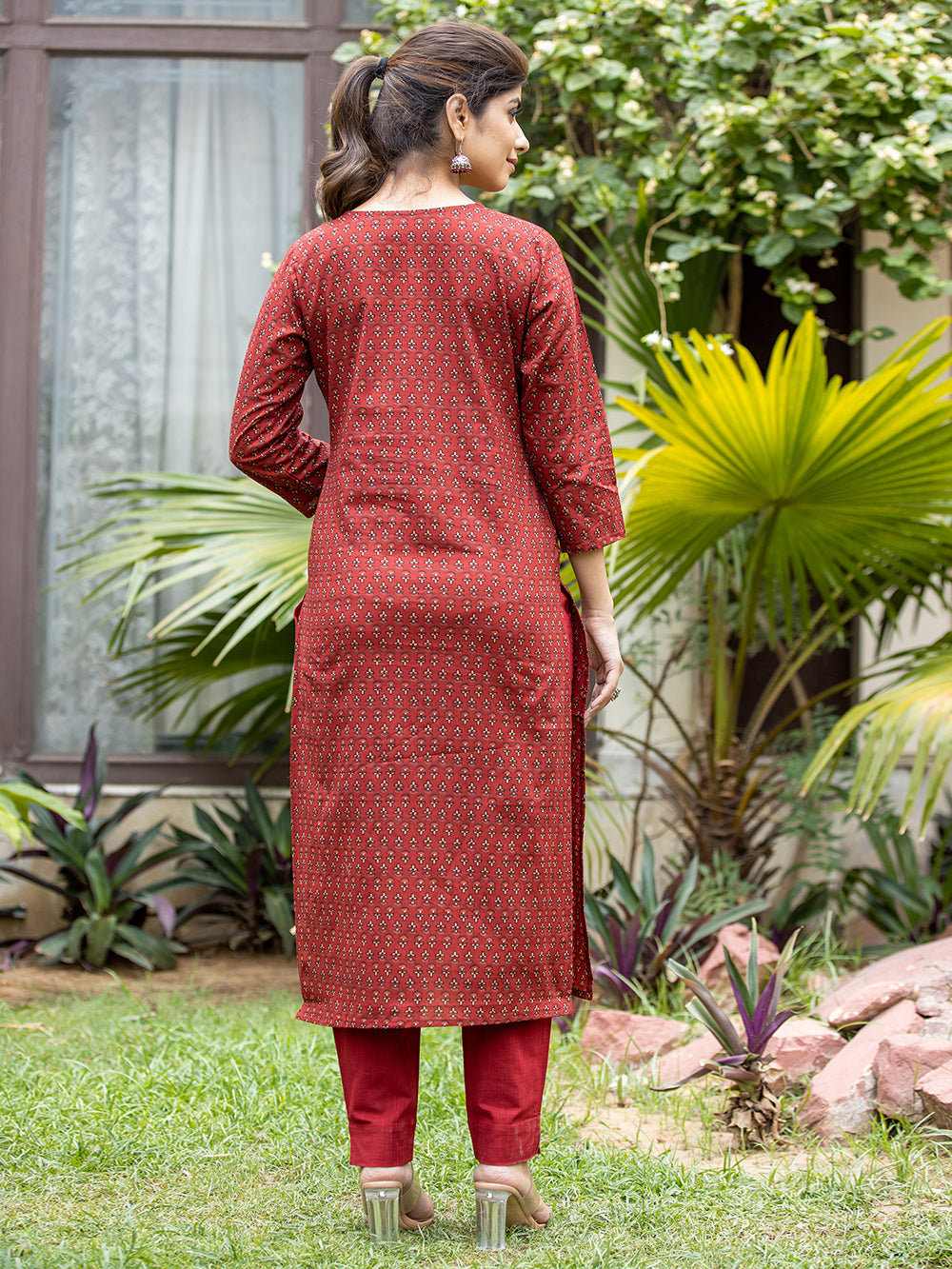 Maroon Block Printed Cotton Kurta Pant Set