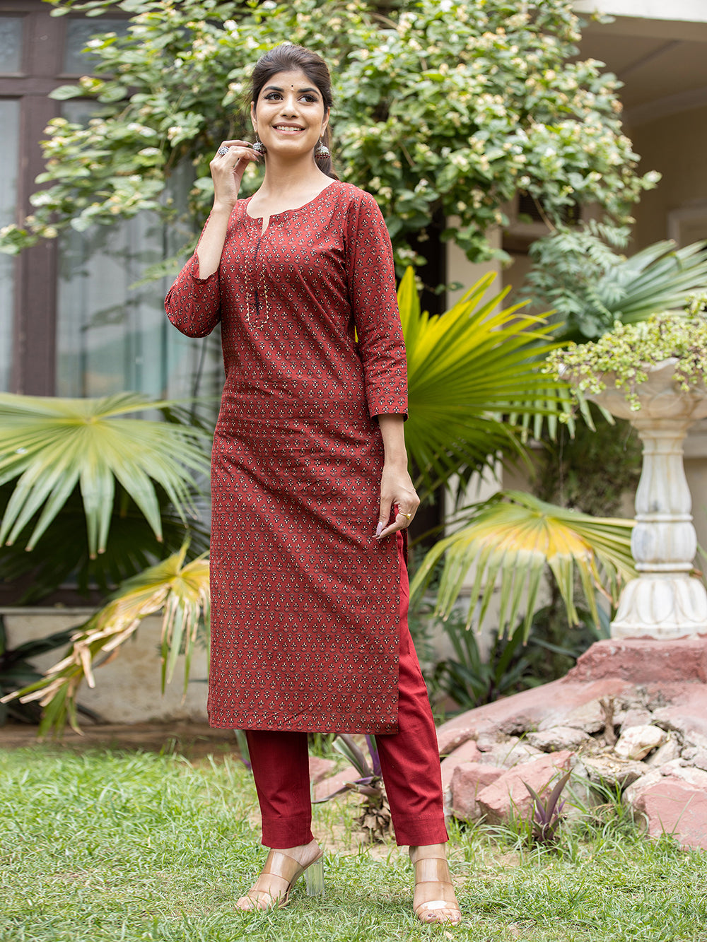 Maroon Block Printed Cotton Kurta Pant Set