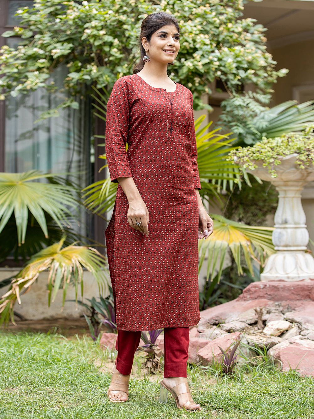 Maroon Block Printed Cotton Kurta Pant Set