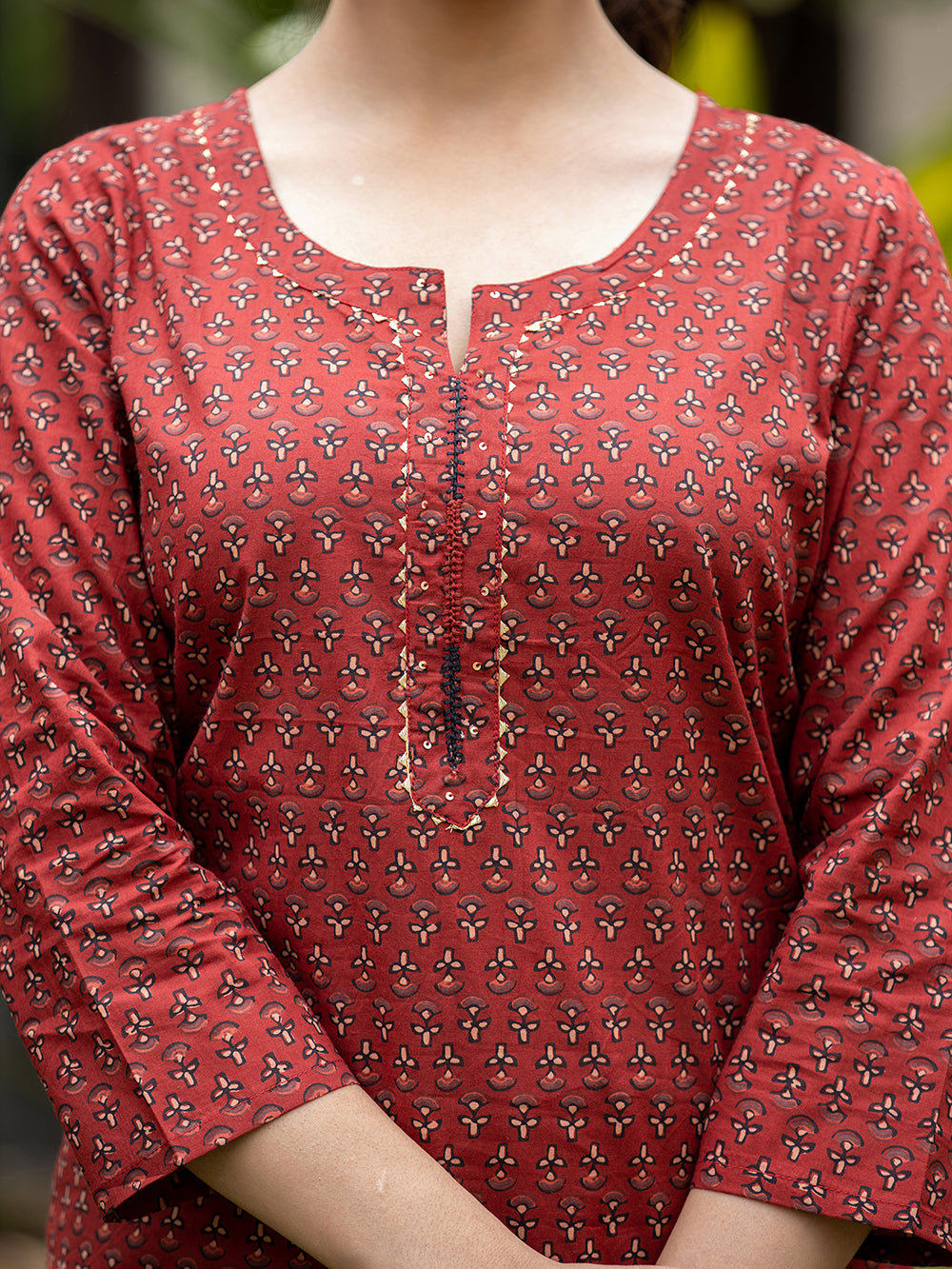 Maroon Block Printed Cotton Kurta Pant Set