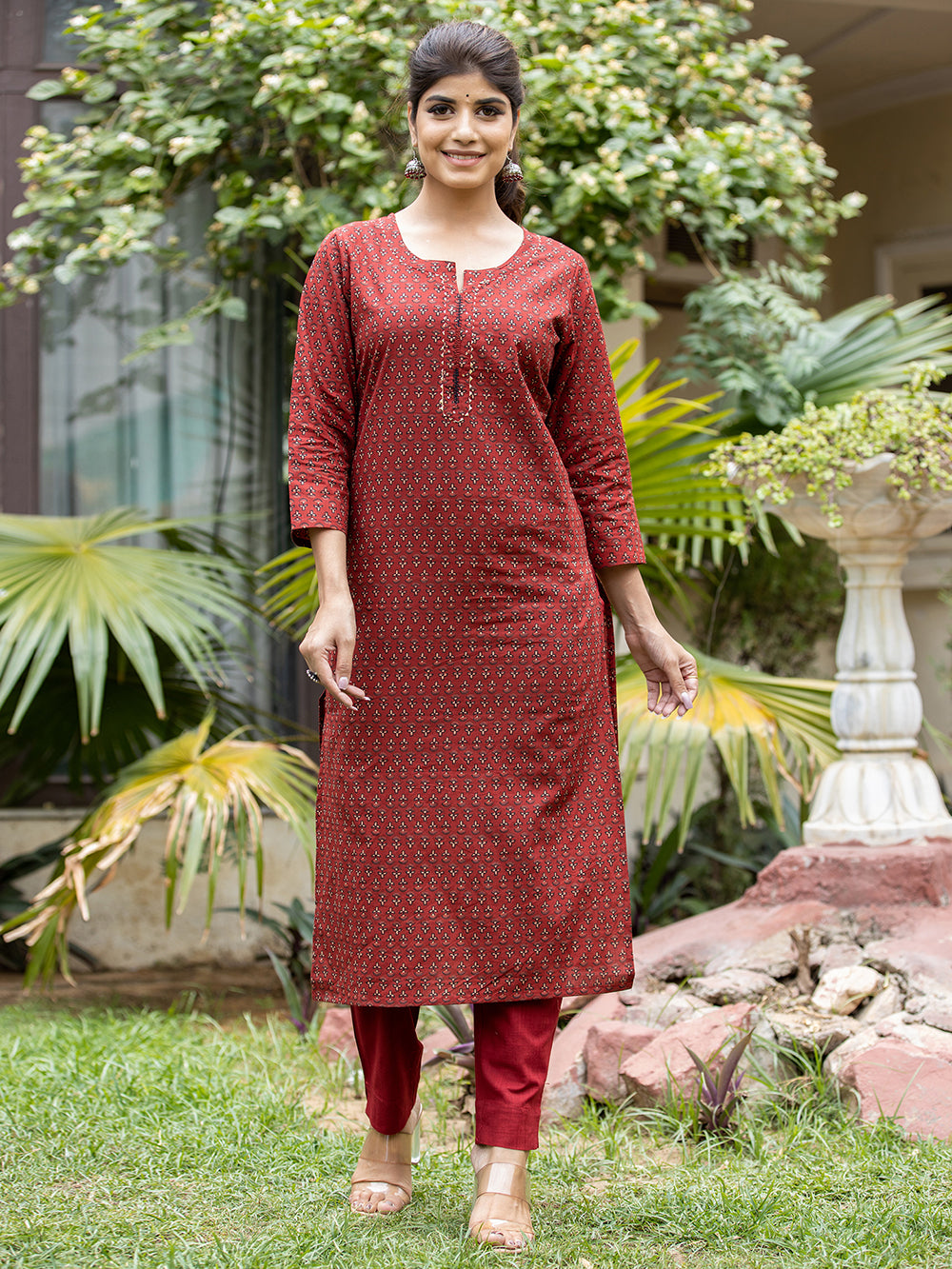 Maroon Block Printed Cotton Kurta Pant Set