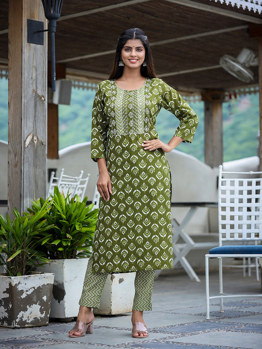 Green Floral Printed Kurta Pant Set