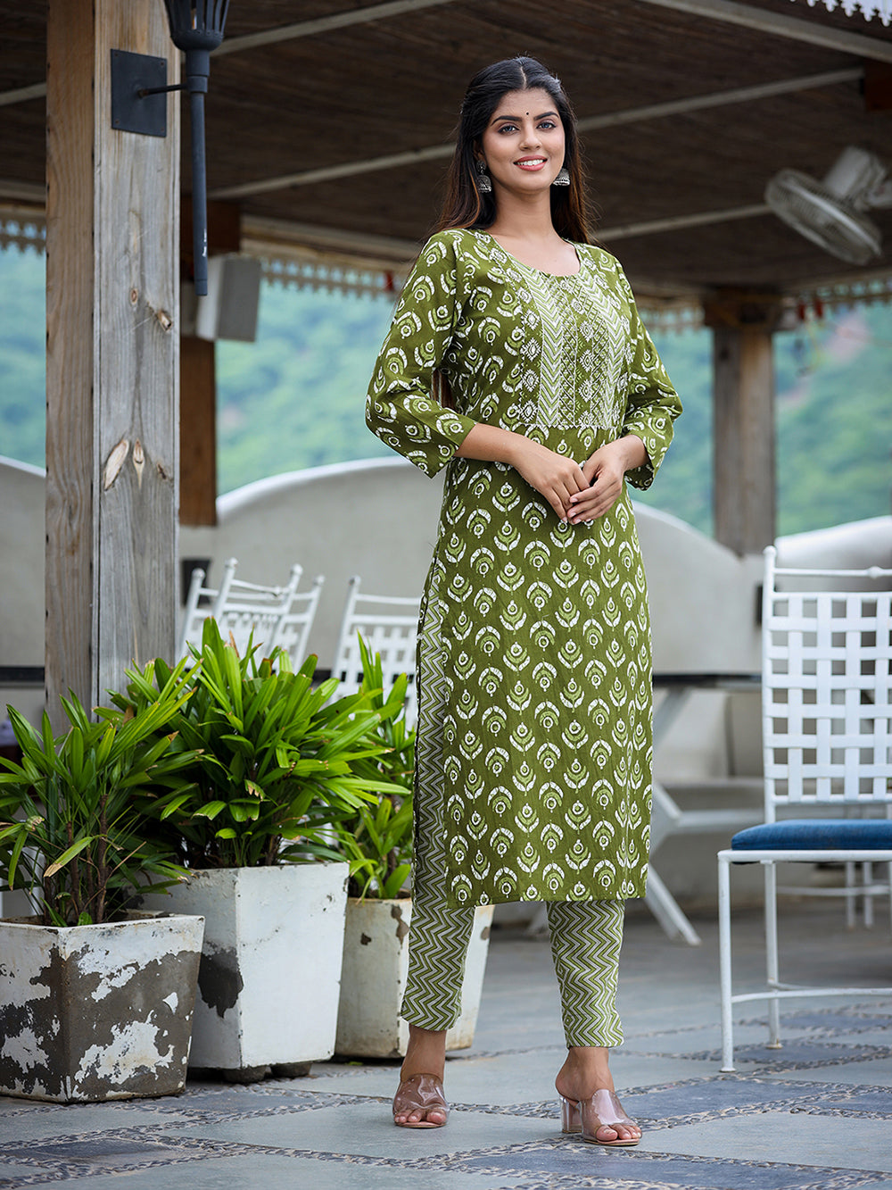 Green Floral Printed Kurta Pant Set